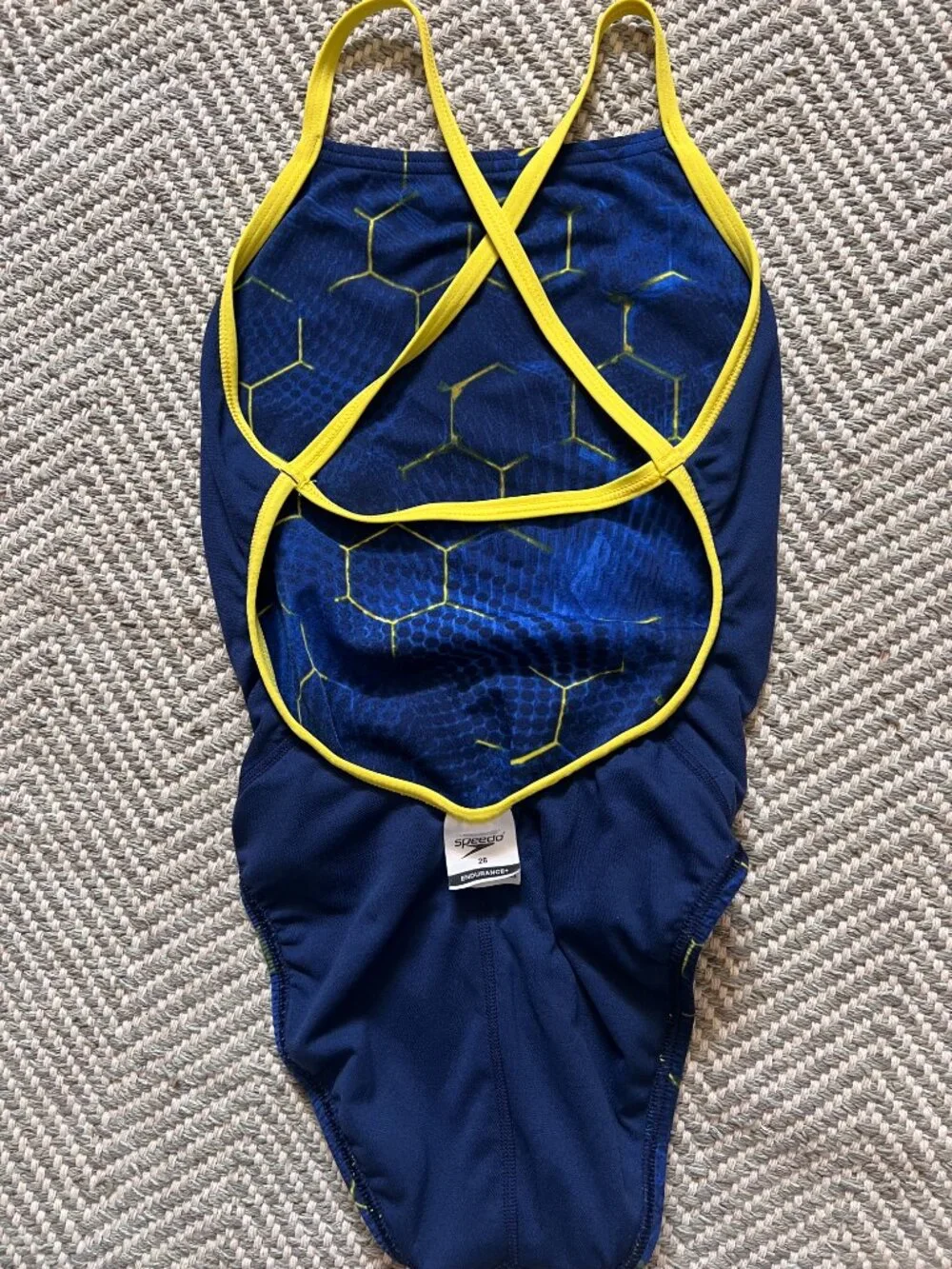 Speedo Endurance+ Kids One Piece Swimsuit Size 28 Blue Yellow Hexagon Print‎